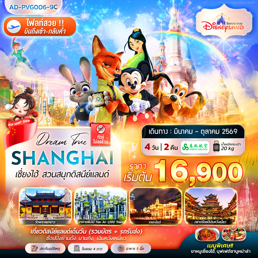ทัวร์จีน เซี่ยงไฮ้ สวนสนุกดิสนีย์แลนด์ 4วัน 2คืน (9C)